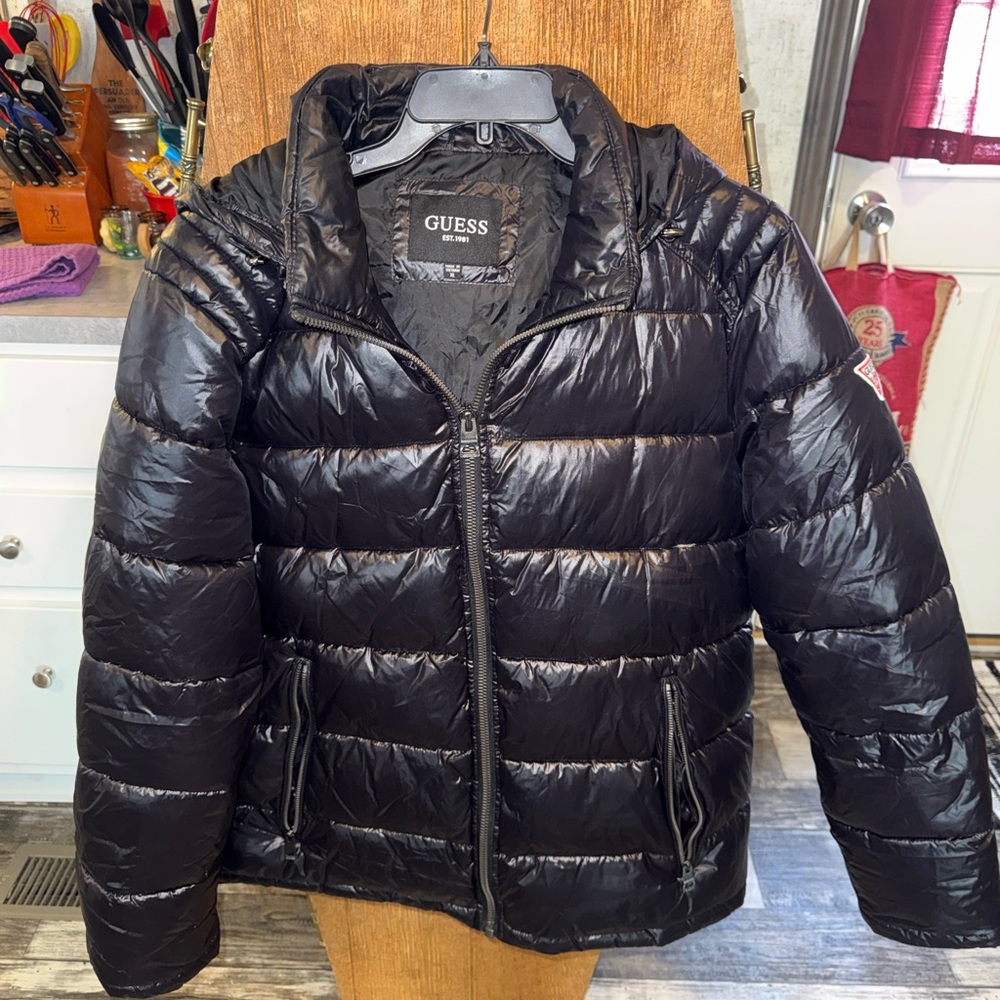 GUESS Shiny Black Puffer Coat
